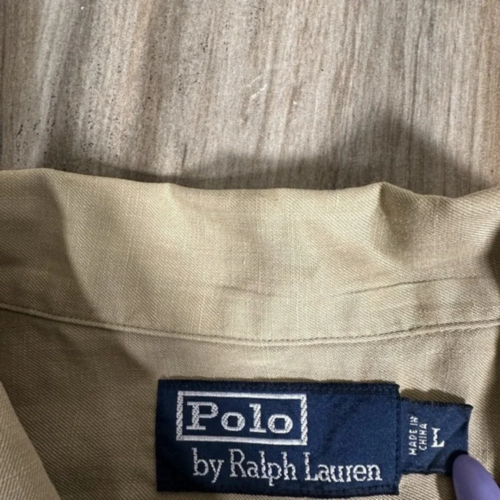 VTG Polo Ralph Lauren‎ Shirt Mens Large Silk Linen Caldwell Loop Camp Collar Tan